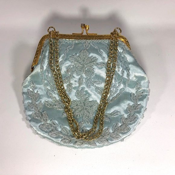 Handbags - Vintage Satin Beaded Evening Bag with Gold Chain  - Baby Blue Made in Hong Kong